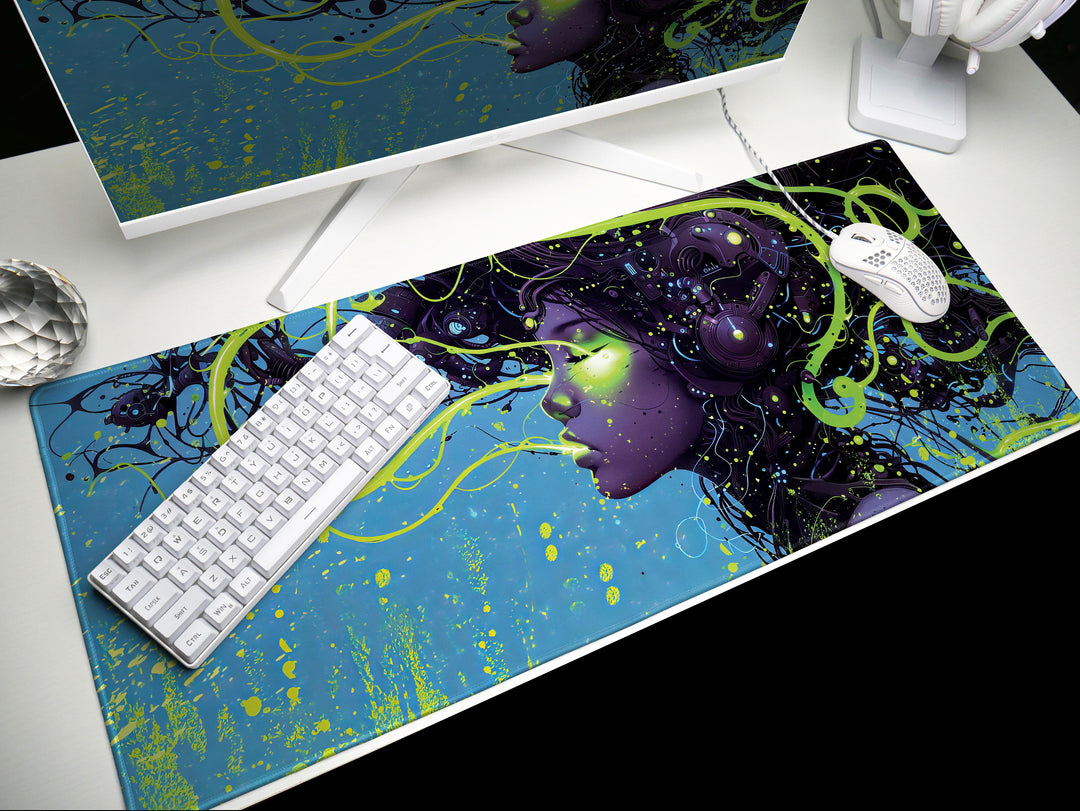 Cybernetic Reverie Design 5, Desk Pad, Mouse Pad, Desk Mat, Luminous Intrigue, Green Cyberworld