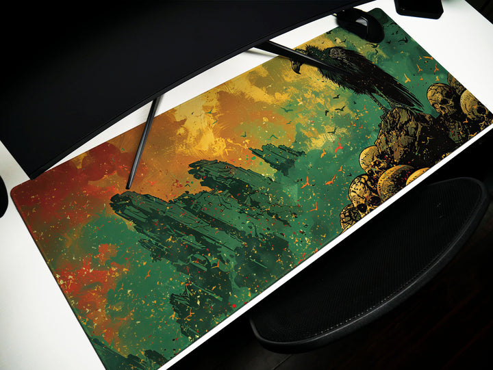 Golden Odyssey Design 2, Desk Pad, Stylized Vulture & Ruins, Artisan Brush Strokes, Mythical Beasts Desk Mat