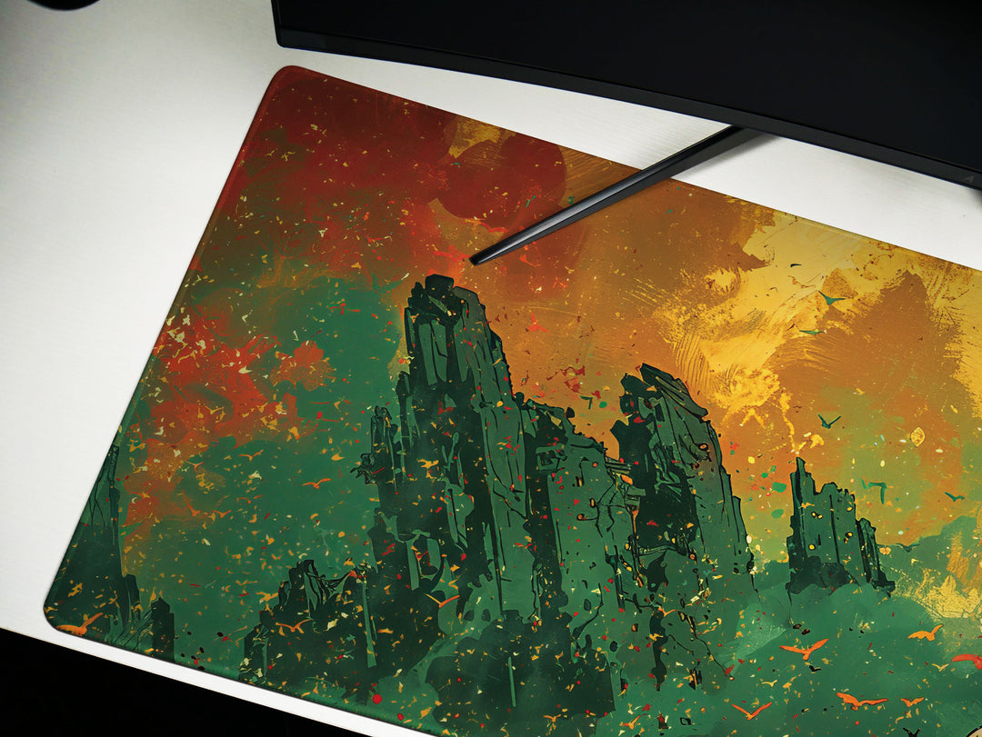 Golden Odyssey Design 2, Desk Pad, Stylized Vulture & Ruins, Artisan Brush Strokes, Mythical Beasts Desk Mat