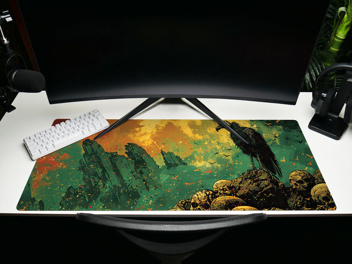 Golden Odyssey Design 2, Desk Pad, Stylized Vulture & Ruins, Artisan Brush Strokes, Mythical Beasts Desk Mat