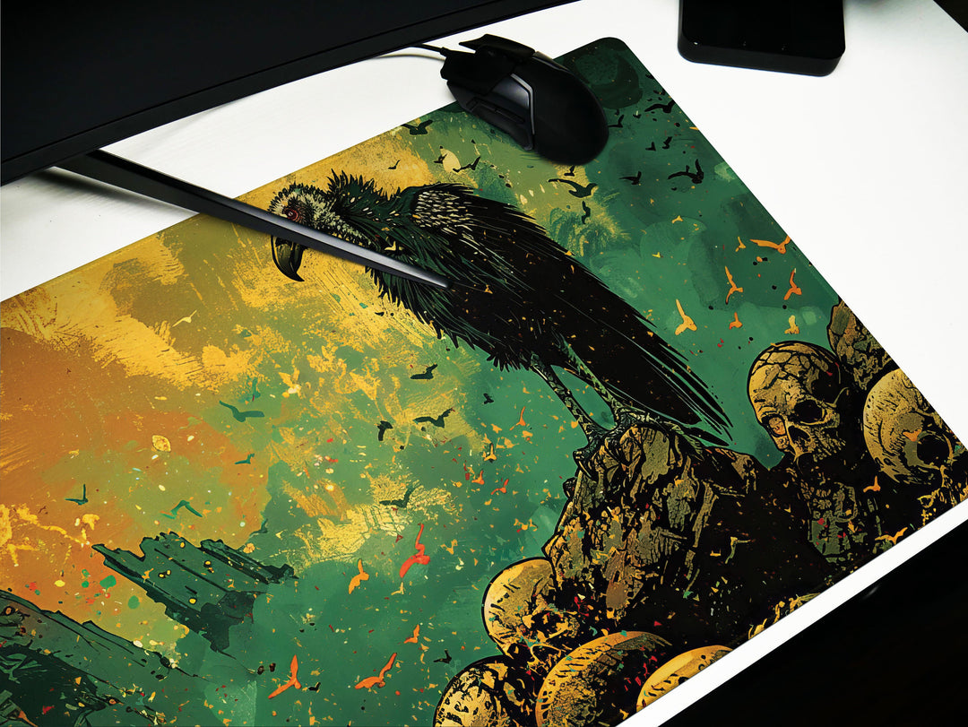 Golden Odyssey Design 2, Desk Pad, Stylized Vulture & Ruins, Artisan Brush Strokes, Mythical Beasts Desk Mat