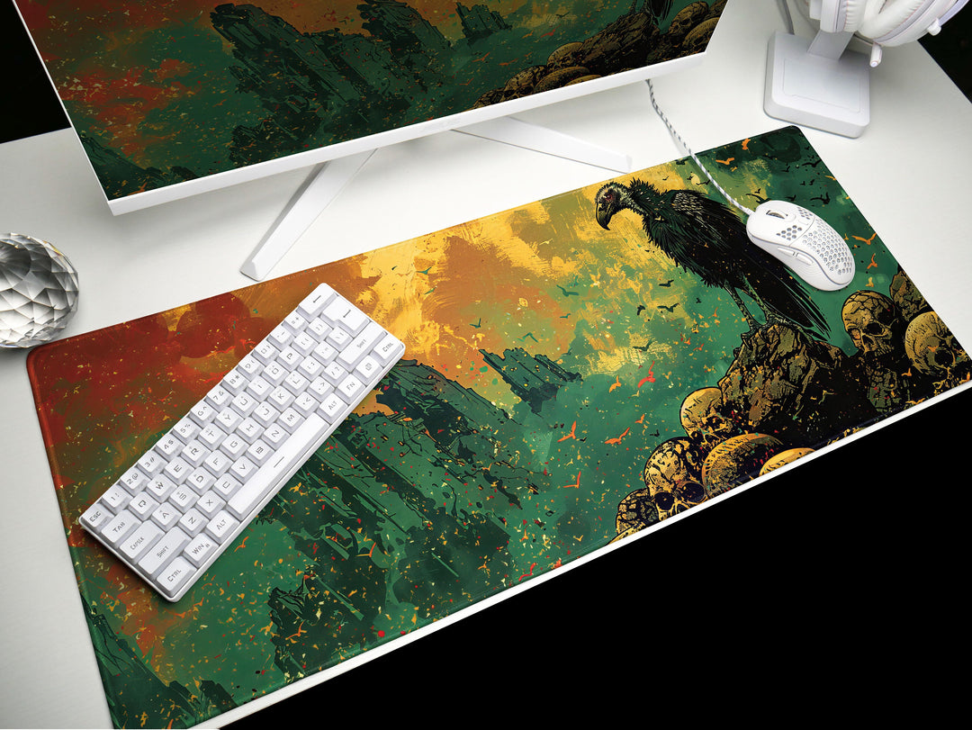 Golden Odyssey Design 2, Desk Pad, Stylized Vulture & Ruins, Artisan Brush Strokes, Mythical Beasts Desk Mat
