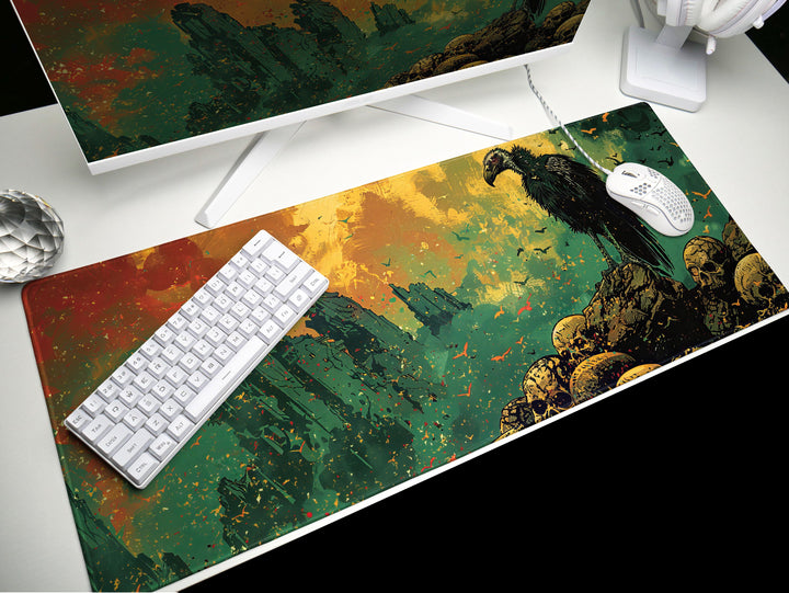Golden Odyssey Design 2, Desk Pad, Stylized Vulture & Ruins, Artisan Brush Strokes, Mythical Beasts Desk Mat