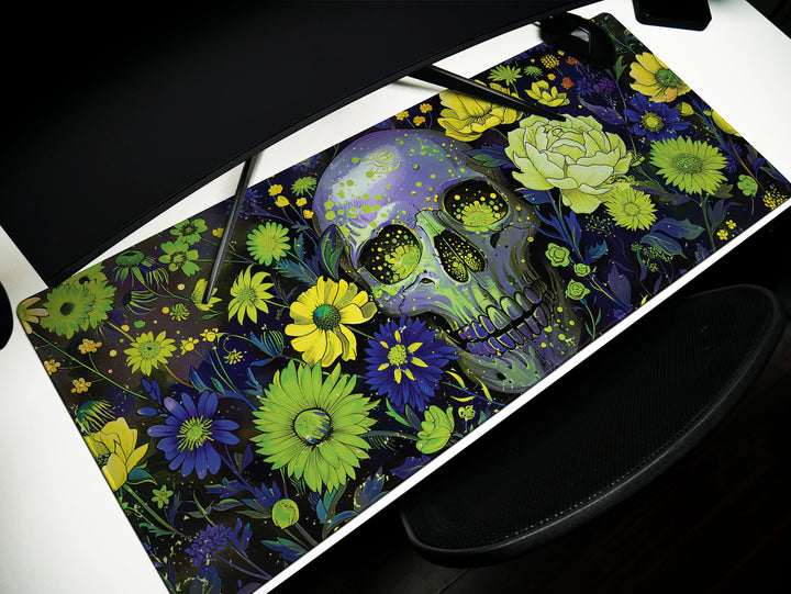 Floral Requiem Design 1, Desk Pad, Mouse Pad, Desk Mat, Lush Blossoms & Skull, Nature Meets Mystic, Vibrant Office Decor