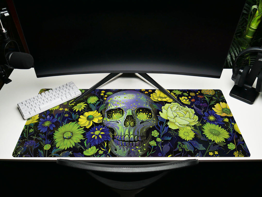 Floral Requiem Design 1, Desk Pad, Mouse Pad, Desk Mat, Lush Blossoms & Skull, Nature Meets Mystic, Vibrant Office Decor