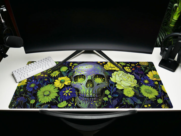 Floral Requiem Design 1, Desk Pad, Mouse Pad, Desk Mat, Lush Blossoms & Skull, Nature Meets Mystic, Vibrant Office Decor