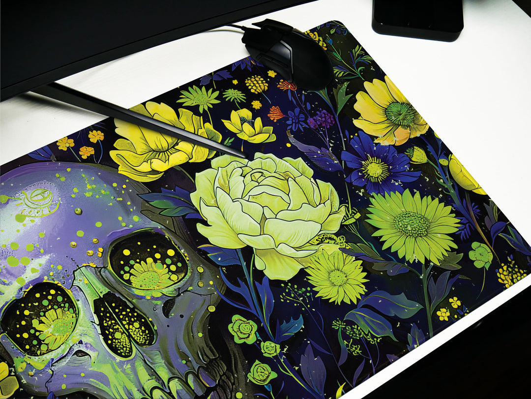 Floral Requiem Design 1, Desk Pad, Mouse Pad, Desk Mat, Lush Blossoms & Skull, Nature Meets Mystic, Vibrant Office Decor