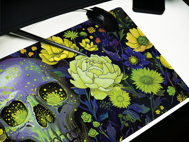 Floral Requiem Design 1, Desk Pad, Mouse Pad, Desk Mat, Lush Blossoms & Skull, Nature Meets Mystic, Vibrant Office Decor