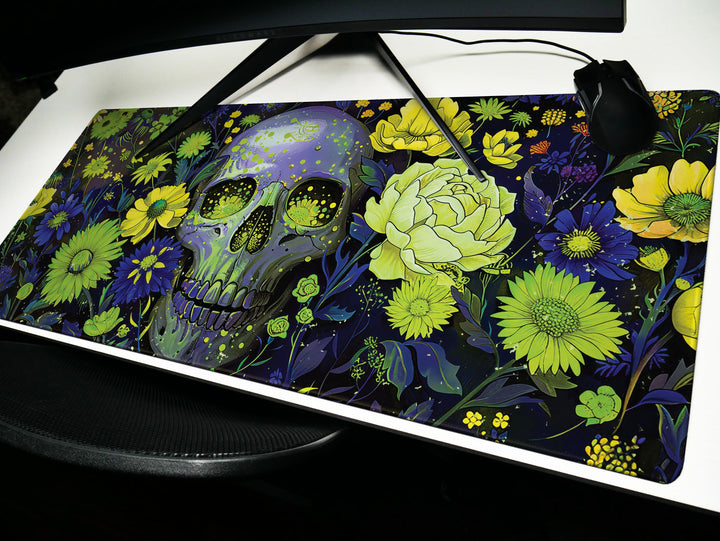 Floral Requiem Design 1, Desk Pad, Mouse Pad, Desk Mat, Lush Blossoms & Skull, Nature Meets Mystic, Vibrant Office Decor