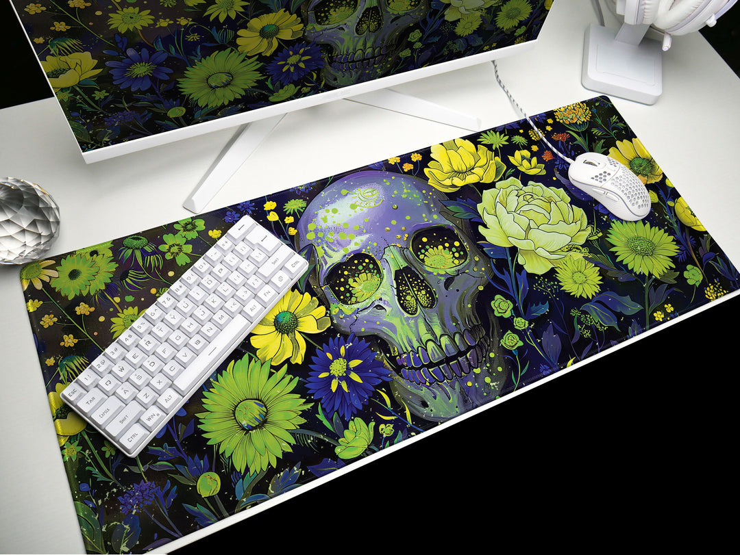 Floral Requiem Design 1, Desk Pad, Mouse Pad, Desk Mat, Lush Blossoms & Skull, Nature Meets Mystic, Vibrant Office Decor