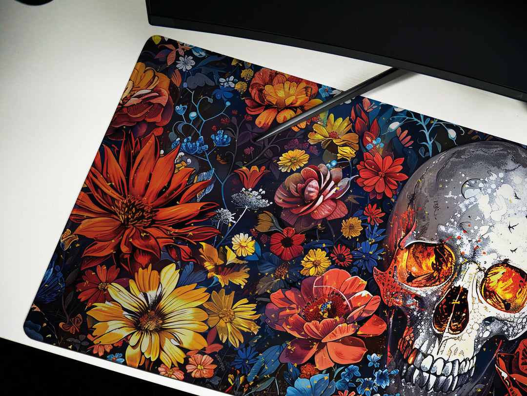 Floral Requiem Design 2, Desk Pad, Mouse Pad, Desk Mat, Eternal Garden & Skull, Bold Elegance, Artistic Workspace