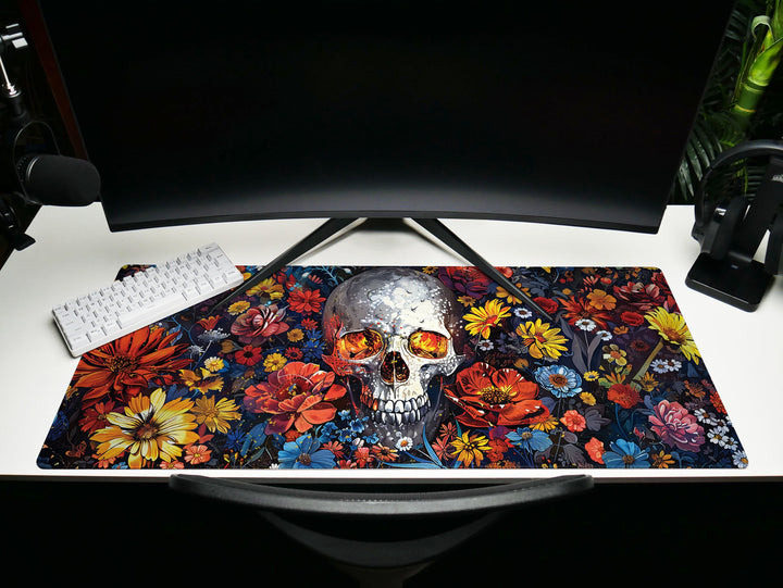 Floral Requiem Design 2, Desk Pad, Mouse Pad, Desk Mat, Eternal Garden & Skull, Bold Elegance, Artistic Workspace