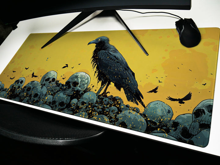 Solar Sovereign Design 4, Desk Pad, Commanding Vulture Silhouette, Sunlit Skull Field, Mythical Beasts Desk Mat