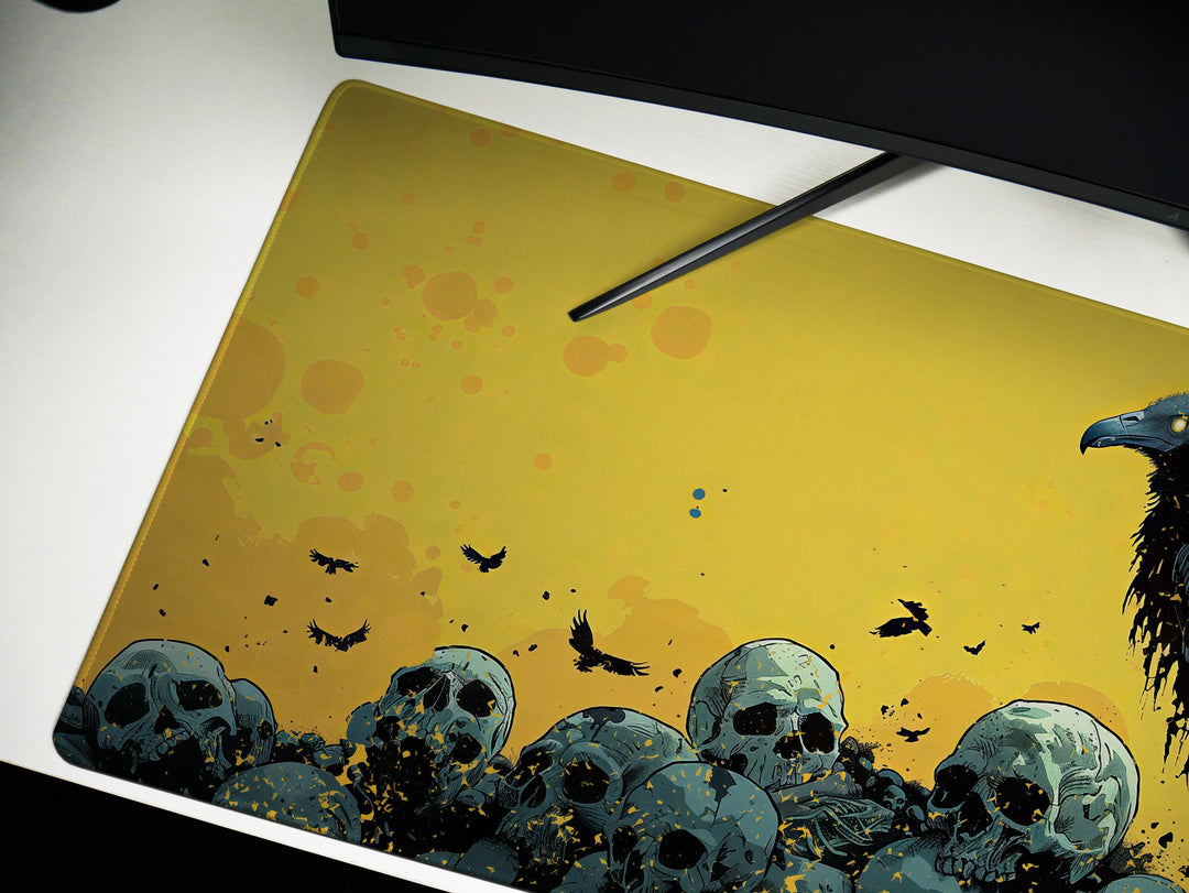 Solar Sovereign Design 4, Desk Pad, Commanding Vulture Silhouette, Sunlit Skull Field, Mythical Beasts Desk Mat