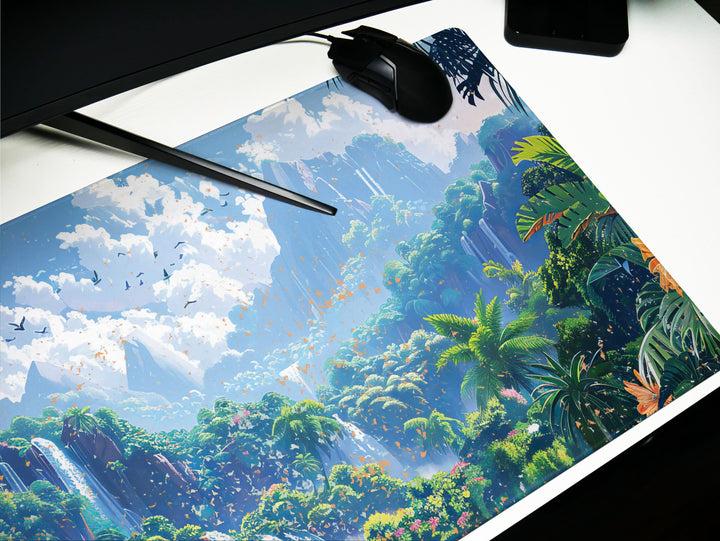 Paradise Falls Design 1, Desk Pad, Wide Mouse Pad, Lush Rainforest Scene, Cascading Waterfalls, Exotic Blooms