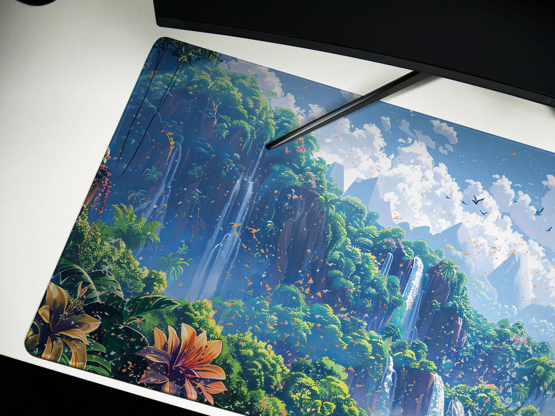 Paradise Falls Design 1, Desk Pad, Wide Mouse Pad, Lush Rainforest Scene, Cascading Waterfalls, Exotic Blooms