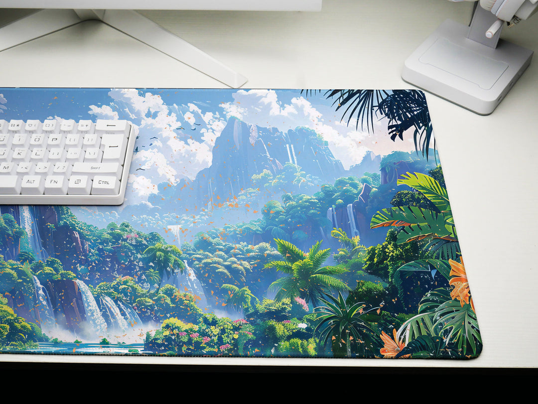 Paradise Falls Design 1, Desk Pad, Wide Mouse Pad, Lush Rainforest Scene, Cascading Waterfalls, Exotic Blooms