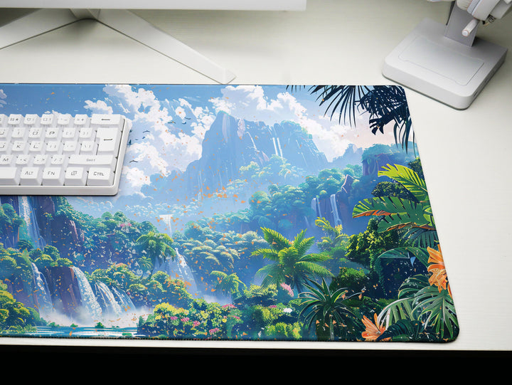 Paradise Falls Design 1, Desk Pad, Wide Mouse Pad, Lush Rainforest Scene, Cascading Waterfalls, Exotic Blooms