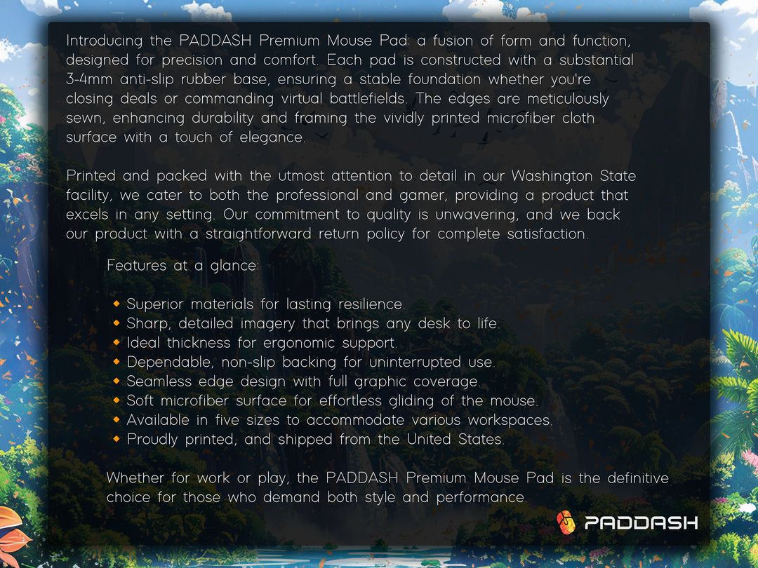 Paradise Falls Design 1, Desk Pad, Wide Mouse Pad, Lush Rainforest Scene, Cascading Waterfalls, Exotic Blooms
