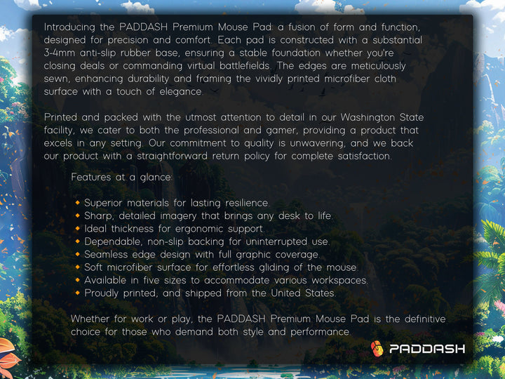 Paradise Falls Design 1, Desk Pad, Wide Mouse Pad, Lush Rainforest Scene, Cascading Waterfalls, Exotic Blooms