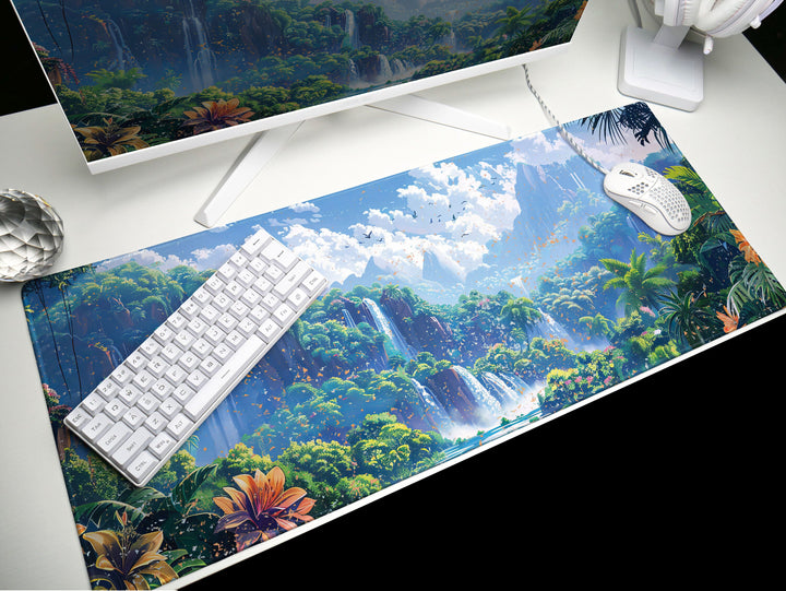 Paradise Falls Design 1, Desk Pad, Wide Mouse Pad, Lush Rainforest Scene, Cascading Waterfalls, Exotic Blooms