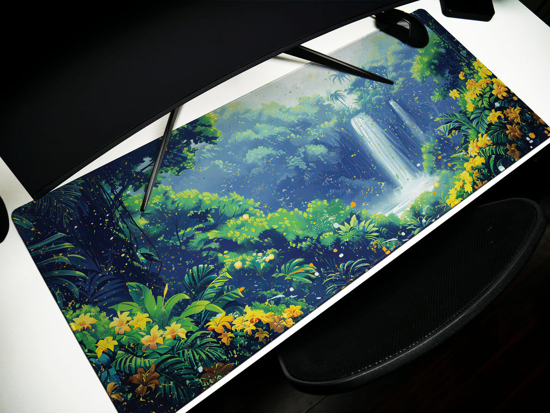 Paradise Falls Design 2, Desk Pad, Wide Mouse Pad, Enchanted Jungle Vista, Luminous Waterfall, Golden Blooms