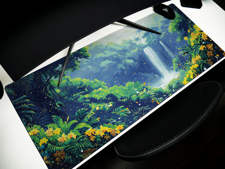 Paradise Falls Design 2, Desk Pad, Wide Mouse Pad, Enchanted Jungle Vista, Luminous Waterfall, Golden Blooms