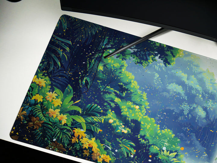 Paradise Falls Design 2, Desk Pad, Wide Mouse Pad, Enchanted Jungle Vista, Luminous Waterfall, Golden Blooms