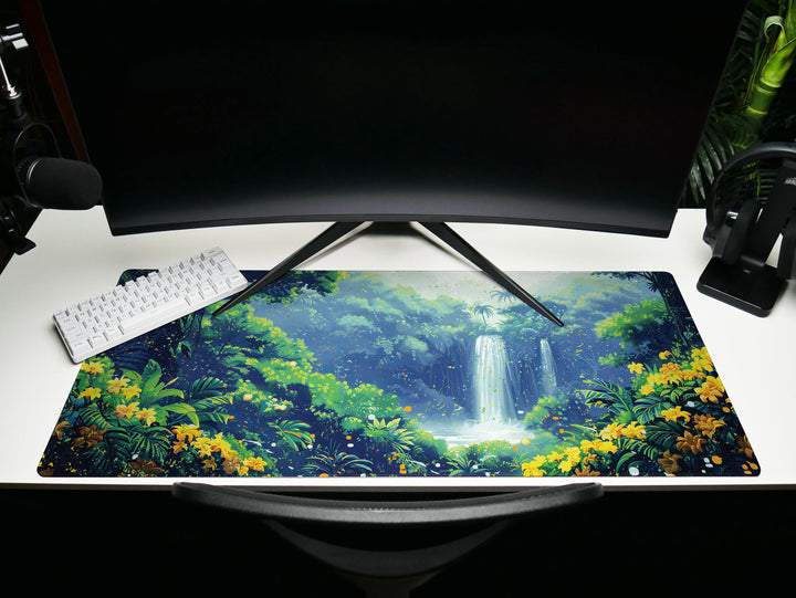 Paradise Falls Design 2, Desk Pad, Wide Mouse Pad, Enchanted Jungle Vista, Luminous Waterfall, Golden Blooms