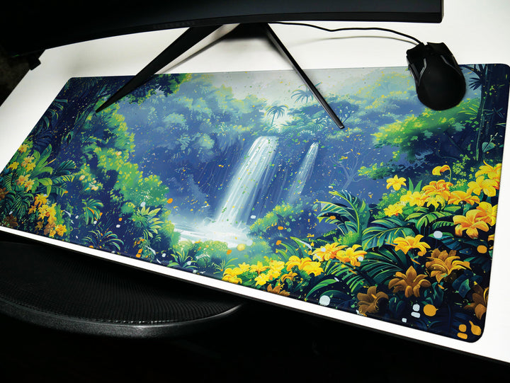 Paradise Falls Design 2, Desk Pad, Wide Mouse Pad, Enchanted Jungle Vista, Luminous Waterfall, Golden Blooms