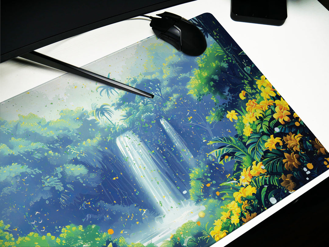 Paradise Falls Design 2, Desk Pad, Wide Mouse Pad, Enchanted Jungle Vista, Luminous Waterfall, Golden Blooms
