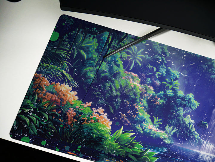Paradise Falls Design 3, Desk Pad, Wide Mouse Pad, Twilight Jungle Ambiance, Serene Waterfall, Floral Harmony