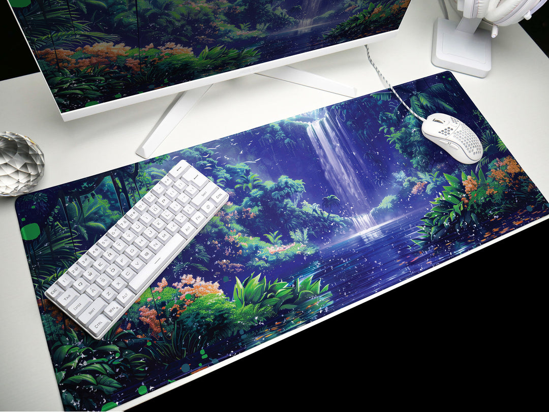 Paradise Falls Design 3, Desk Pad, Wide Mouse Pad, Twilight Jungle Ambiance, Serene Waterfall, Floral Harmony