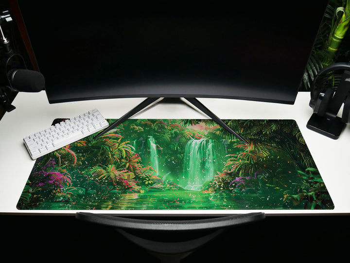Paradise Falls Design 4, Desk Pad, Wide Mouse Pad, Radiant Jungle Falls, Emerald Glow, Blossom Spectacle