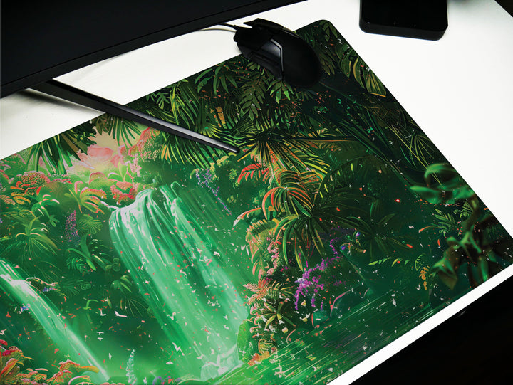 Paradise Falls Design 4, Desk Pad, Wide Mouse Pad, Radiant Jungle Falls, Emerald Glow, Blossom Spectacle