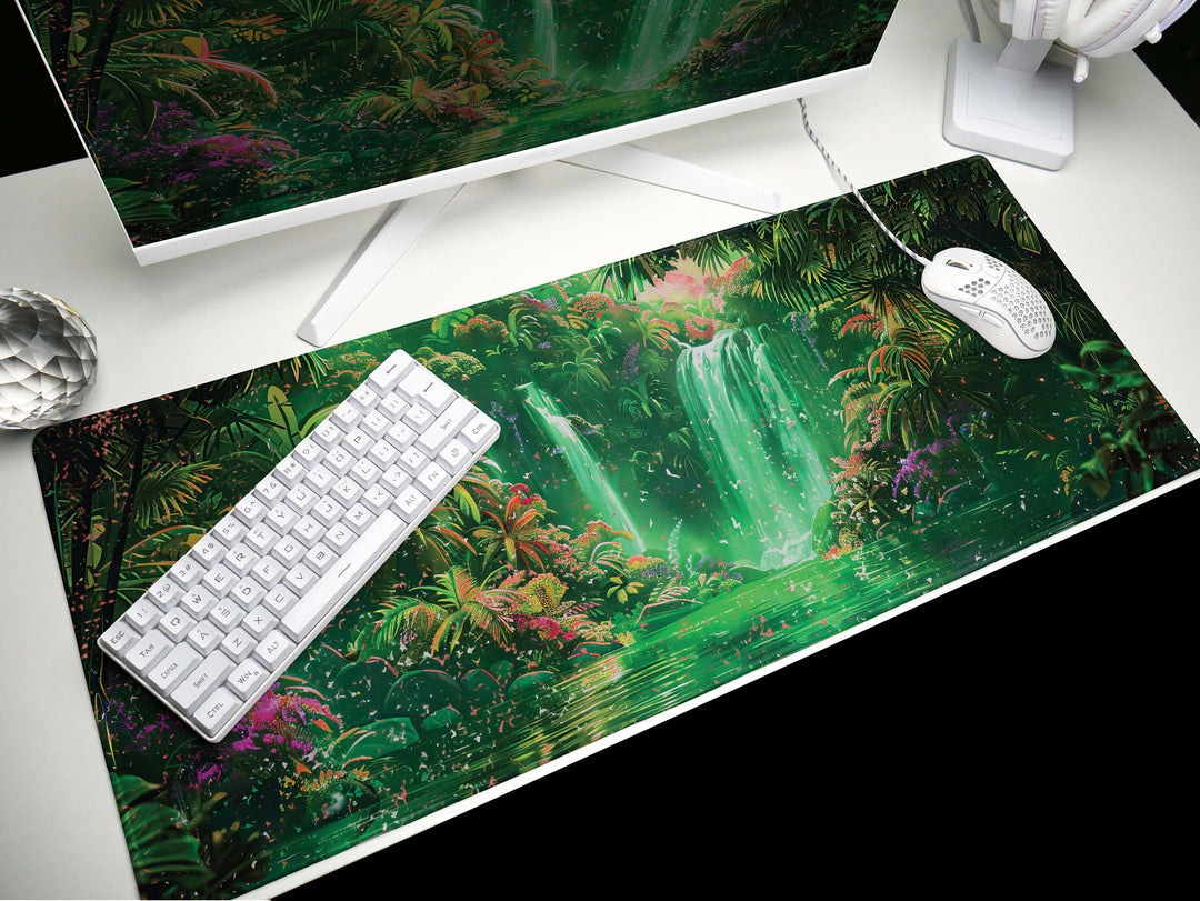 Paradise Falls Design 4, Desk Pad, Wide Mouse Pad, Radiant Jungle Falls, Emerald Glow, Blossom Spectacle