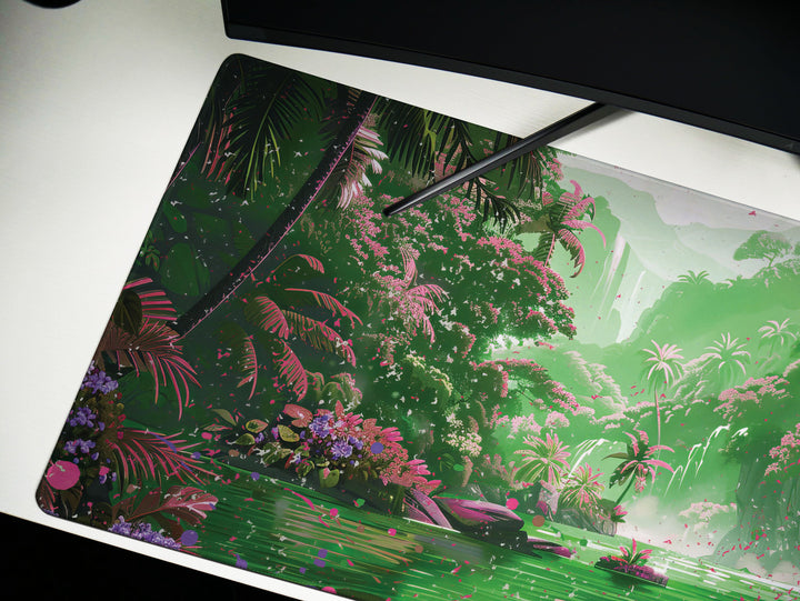 Paradise Falls Design 5, Desk Pad, Wide Mouse Pad, Misty Waterfall Garden, Pink Dawn, Verdant Canopy