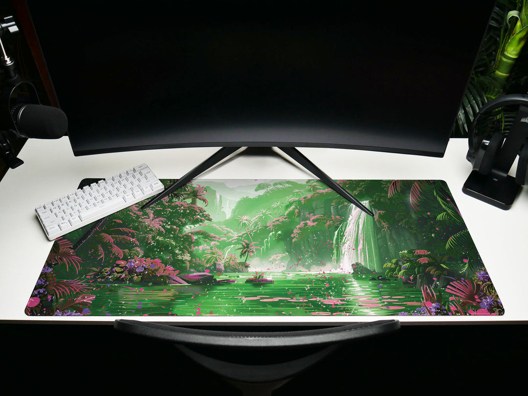 Paradise Falls Design 5, Desk Pad, Wide Mouse Pad, Misty Waterfall Garden, Pink Dawn, Verdant Canopy