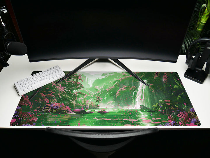 Paradise Falls Design 5, Desk Pad, Wide Mouse Pad, Misty Waterfall Garden, Pink Dawn, Verdant Canopy