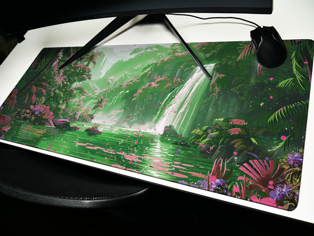 Paradise Falls Design 5, Desk Pad, Wide Mouse Pad, Misty Waterfall Garden, Pink Dawn, Verdant Canopy
