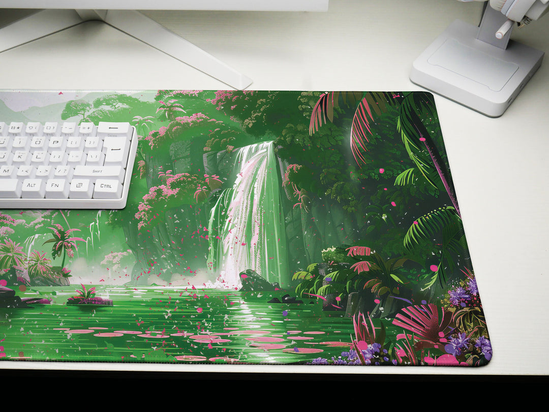 Paradise Falls Design 5, Desk Pad, Wide Mouse Pad, Misty Waterfall Garden, Pink Dawn, Verdant Canopy