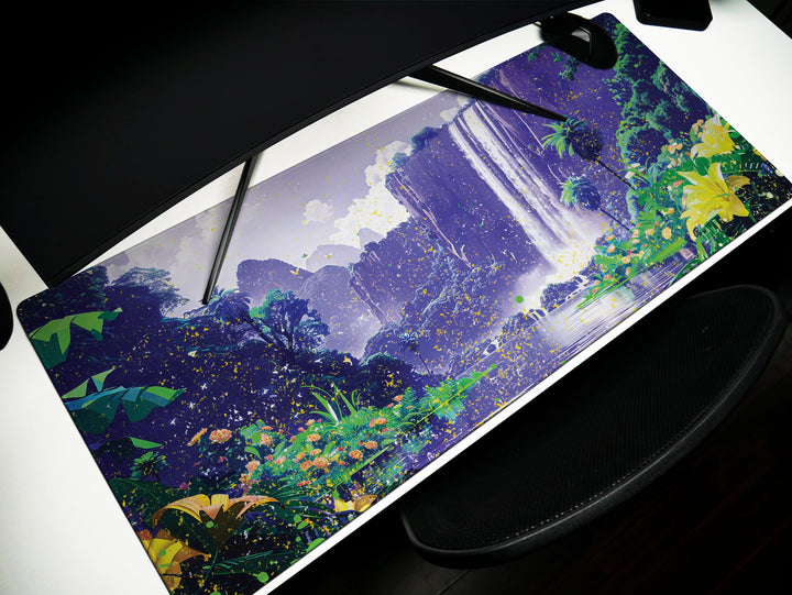 Paradise Falls Design 6, Desk Pad, Wide Mouse Pad, Majestic Falls Canopy, Twilight Bloom, Exotic Retreat