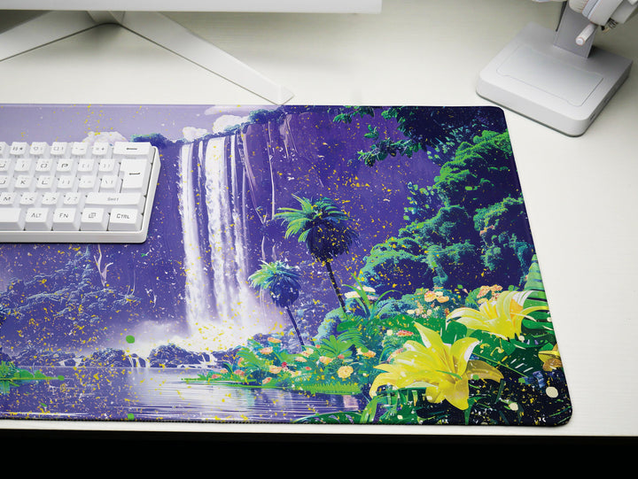 Paradise Falls Design 6, Desk Pad, Wide Mouse Pad, Majestic Falls Canopy, Twilight Bloom, Exotic Retreat