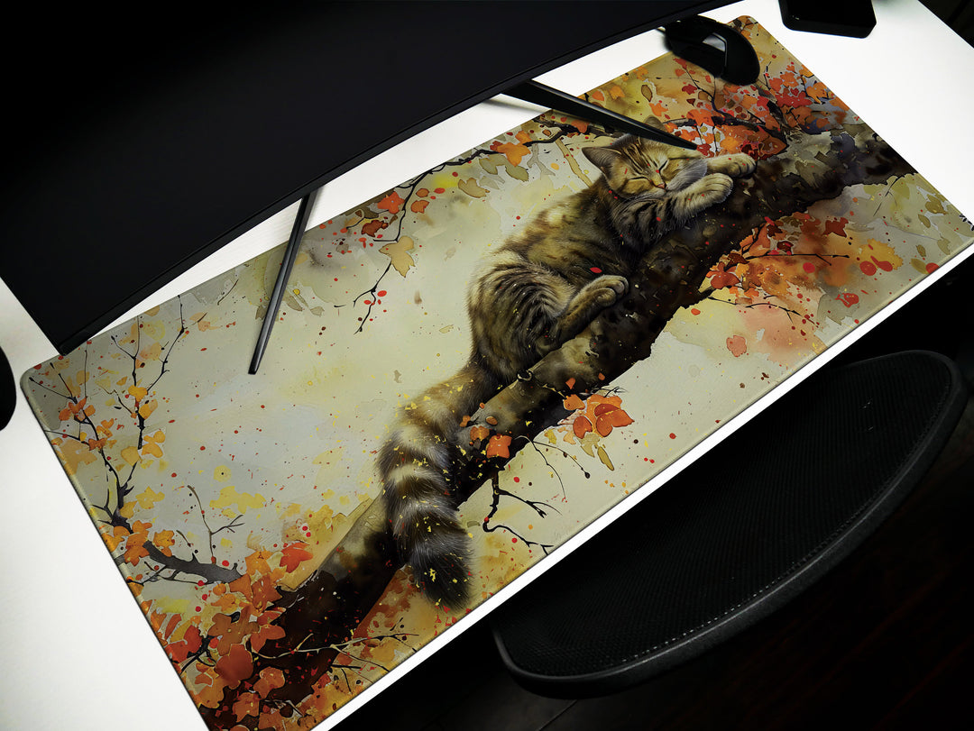 Autumn Slumber Design 1, Desk Pad, Mouse Pad, Desk Mat, Tranquil Feline, Seasonal Harmony, Artistic Elegance