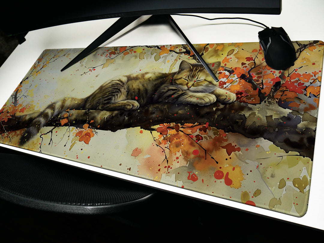 Autumn Slumber Design 1, Desk Pad, Mouse Pad, Desk Mat, Tranquil Feline, Seasonal Harmony, Artistic Elegance