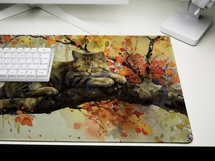 Autumn Slumber Design 1, Desk Pad, Mouse Pad, Desk Mat, Tranquil Feline, Seasonal Harmony, Artistic Elegance