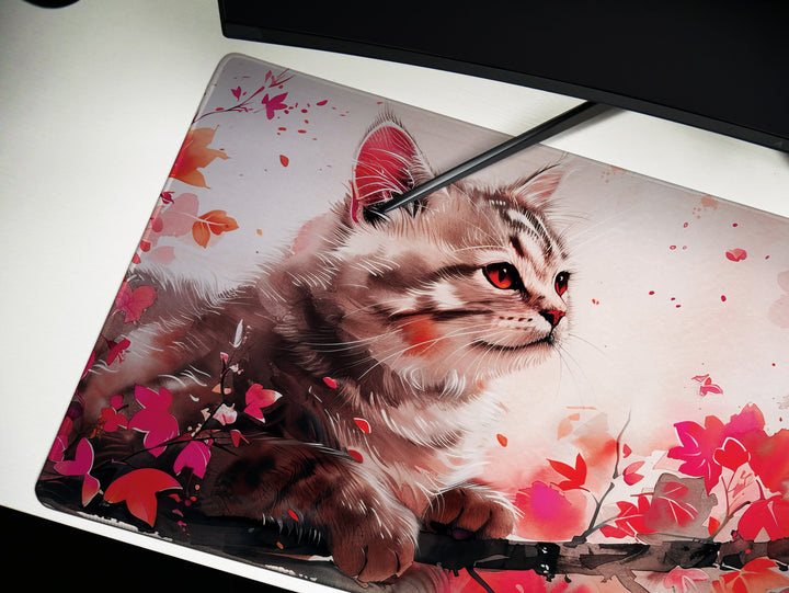 Autumn Slumber Design 2, Desk Pad, Mouse Pad, Desk Mat, Crimson Whispers, Feline Grace, Nature's Muse