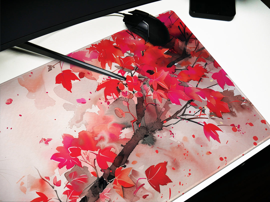 Autumn Slumber Design 2, Desk Pad, Mouse Pad, Desk Mat, Crimson Whispers, Feline Grace, Nature's Muse