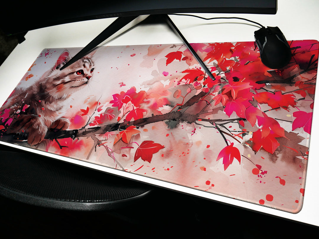 Autumn Slumber Design 2, Desk Pad, Mouse Pad, Desk Mat, Crimson Whispers, Feline Grace, Nature's Muse