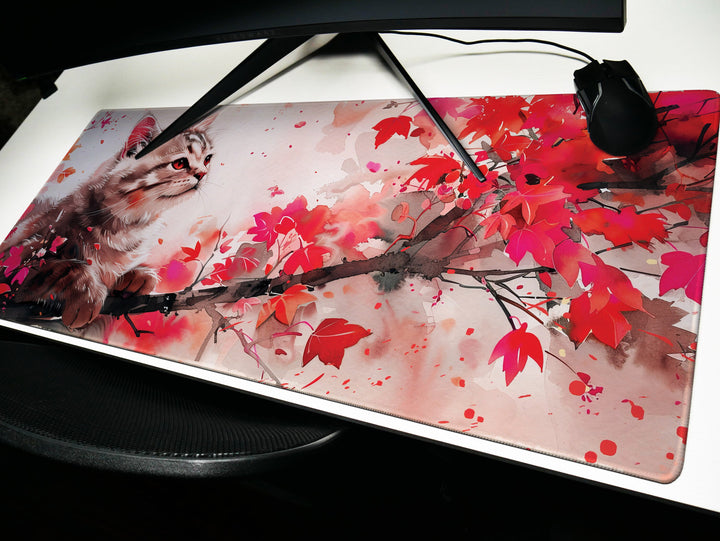 Autumn Slumber Design 2, Desk Pad, Mouse Pad, Desk Mat, Crimson Whispers, Feline Grace, Nature's Muse